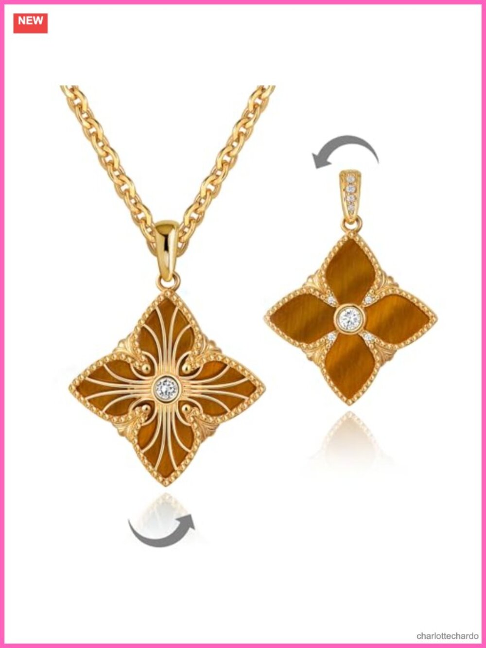 14K Gold Plated Brass Double-Sided Clover Pendant Necklace Lucky Charm